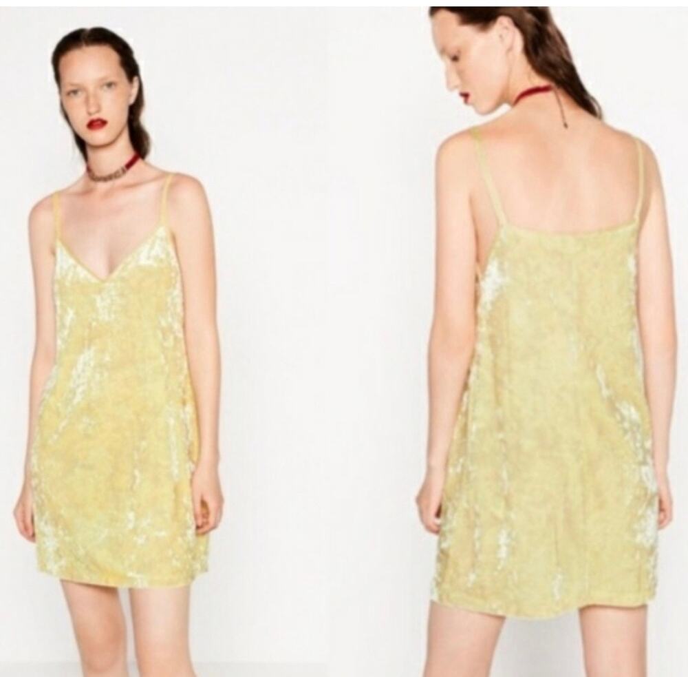Zara Lemon Yellow Crushed Velvet Slip Dress Size Small NWOT